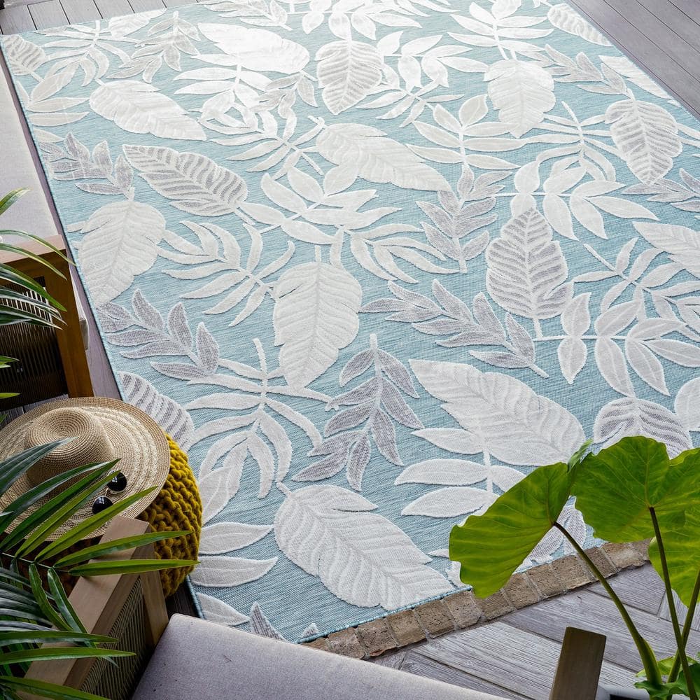 Aqua Floral Bliss 5' x 7' Synthetic Reversible Area Rug