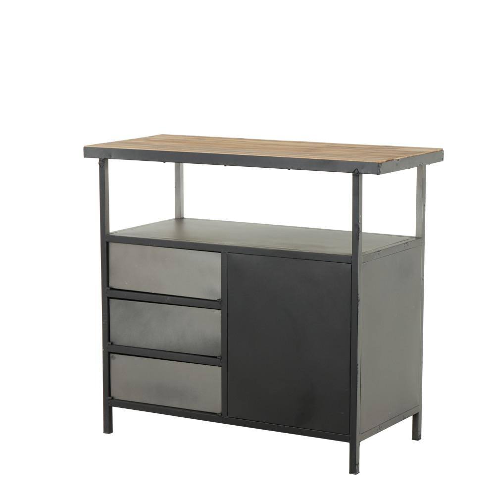 Gray Industrial Metal Cabinet with Wood Top and Drawers