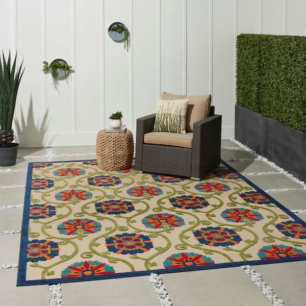 Aloha Blue/Multicolor 10 ft. x 13 ft. Floral Modern Indoor/Outdoor Patio Area Rug