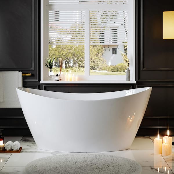 59 in. x 29.5 in. Freestanding Flat Bottom Bath Tub Oval Soaking Bathtub with Center Drain in White