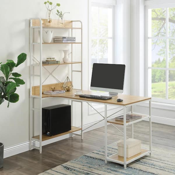 Magic Home 54.3 in. W L-Shape Light Wood Steel Frame and MDF Desktop Computer Desk with 5-Tier Open Bookshelves