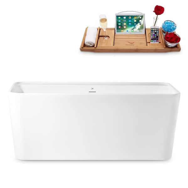 59 in. Acrylic Freestanding Flatbottom Non-Whirlpool Bathtub in Glossy White with Polished Gold Drain