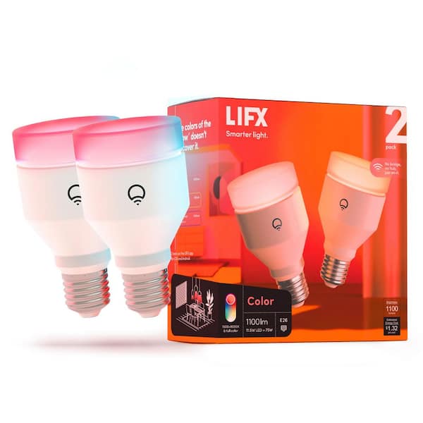 75-Watt Equivalent A19 Multi-Color Smart WiFi E26 LED Light Bulb, Works w/Alexa/Hey Google/HomeKit Tunable White 2 Pack