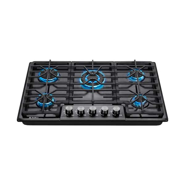 JEREMY CASS 30 in. 5 Burners Recessed Gas Cooktop in Black Stainless Steel with Flameout Protection, 11K, 9.5K, 6K, 3.4K BTU