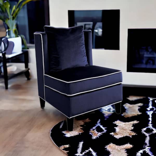 HomeRoots Amelia 39 in. Dark Blue Velvet Occasional Chair with Removable Cushions