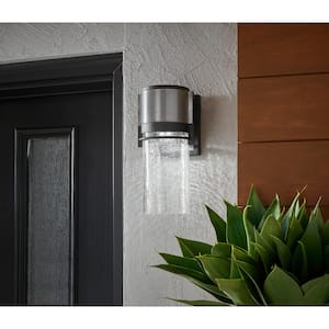 Majestic 11.5 in. Black LED Outdoor Wall Lamp Sconce with Clear Crackle Glass Shade