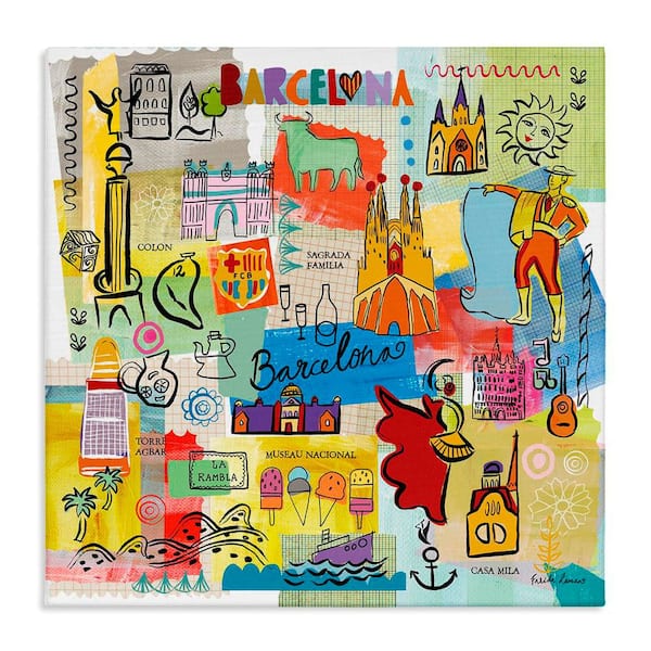 Stupell Industries Barcelona Landmarks Spain Traditions by Veronique Charron Wrapped Unframed Travel Graphic Art Print 24 in. x 24 in.