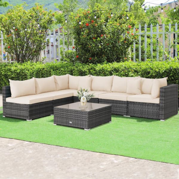 7-Piece Wicker Outdoor Sectional Furniture Sofa Set with Beige Cushions and Tempered Glass Top Coffee Table