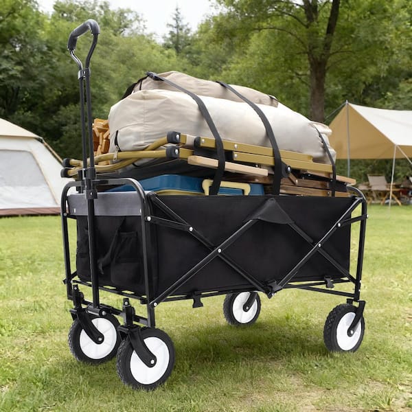 Black Foldable Wagon Cart Utility Garden Cart with Strapping System Supports 360lbs