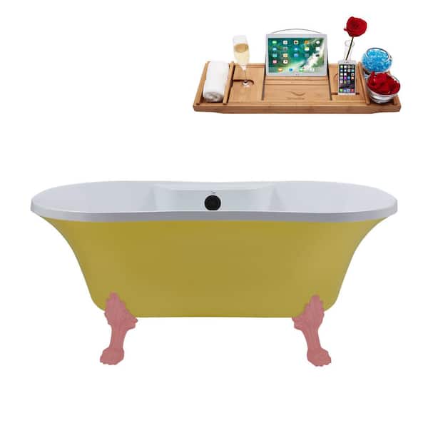 Streamline 60 in. x 32 in. Acrylic Clawfoot Soaking Bathtub in Matte Yellow with Matte Pink Clawfeet and Matte Black Drain