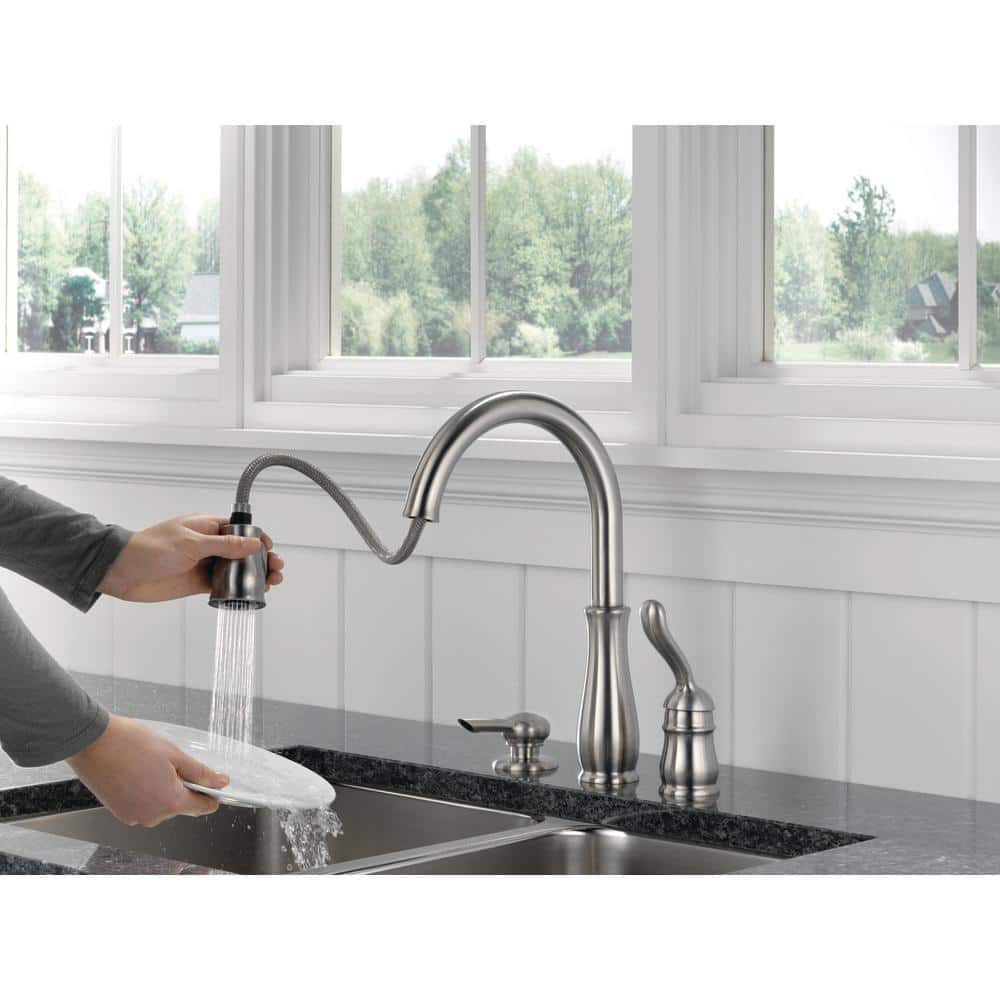 Leland Brushed Stainless Steel Pull-Down Kitchen Faucet with Soap Dispenser
