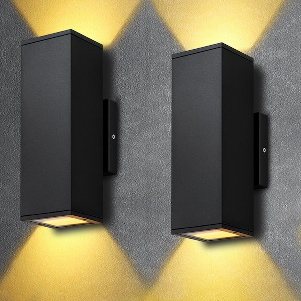 Black Aluminum Outdoor Hardwired Rectangle Wall Lantern Sconce with 12W 2700K Integrated LED Up Down Light (2-Pack)