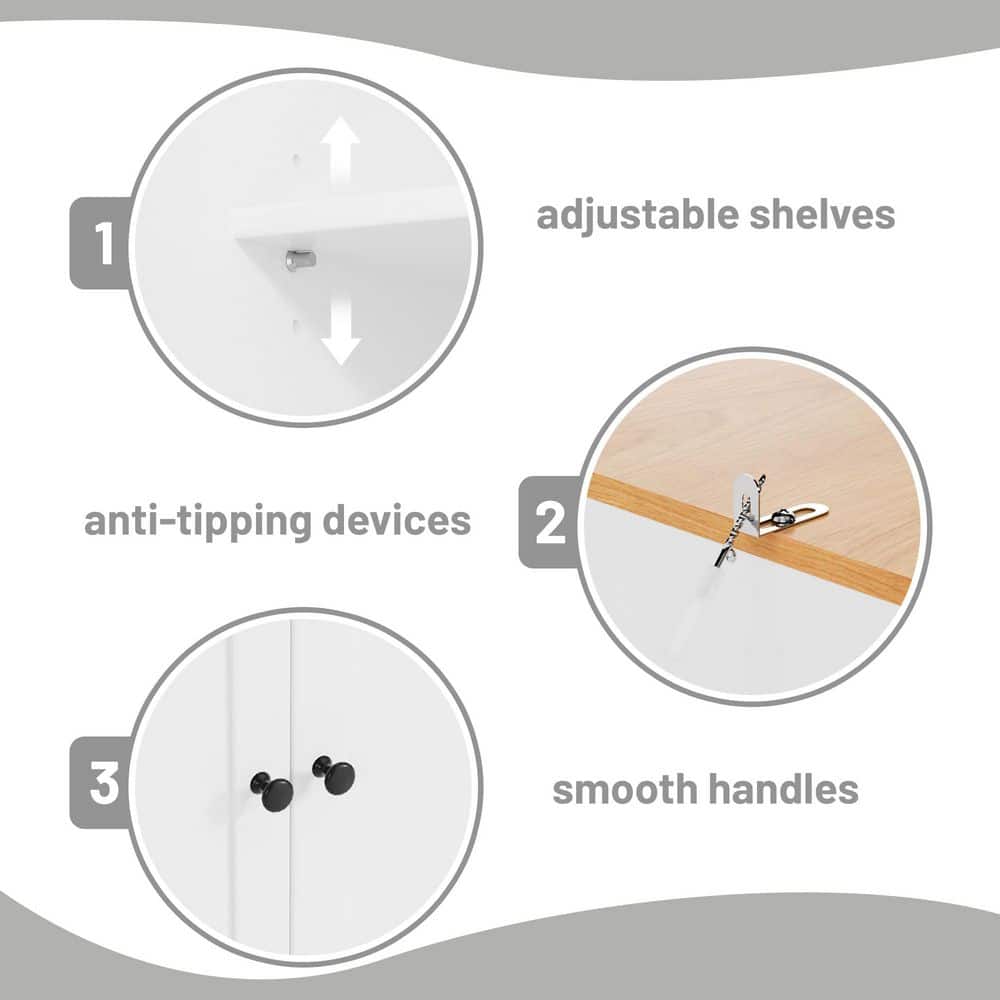 Diagram showing adjustable shelves, anti-tipping, and handles.