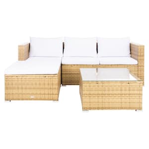 Madalina Natural Wicker Outdoor Patio Sectional with White Cushions