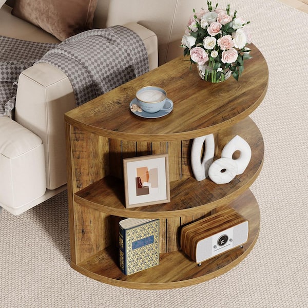 BYBLIGHT Kerlin 31.5 in. Brown Semi Circular Half Round Wood 3-Tier End Table Side Table Nightstand with Storage Shelves