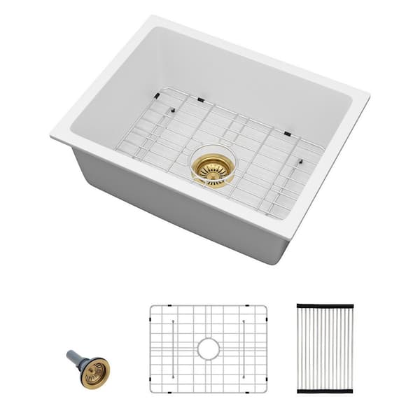 22 in. Undermount Single Bowl Black Quartz Composite Kitchen Prep Sink Granite Bar Basin Round Corner with Bottom Grid