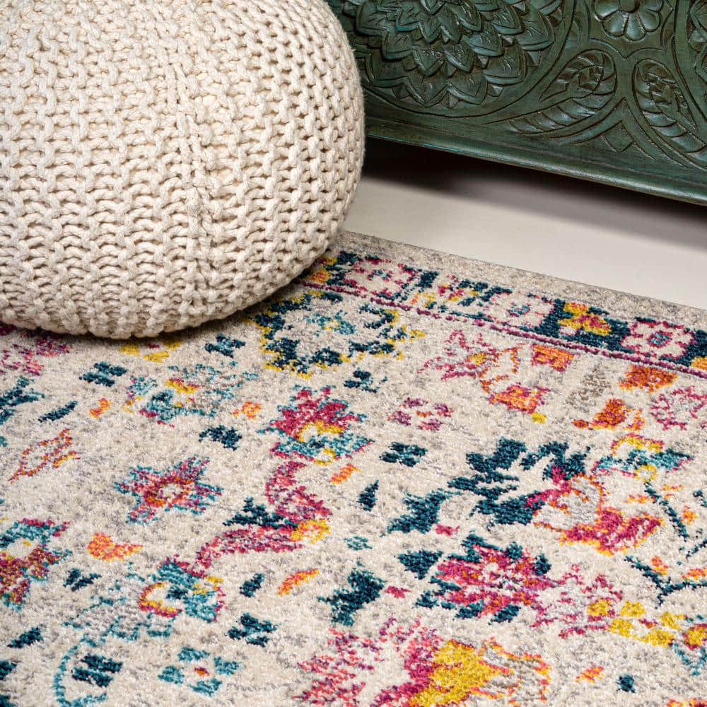 Beige Multicolor Synthetic Boho Floral Area Rug