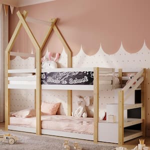 White Playhouse Style Twin Over Twin Bunk Bed, House Bed with White Storage Staircase and 1 Blackboards