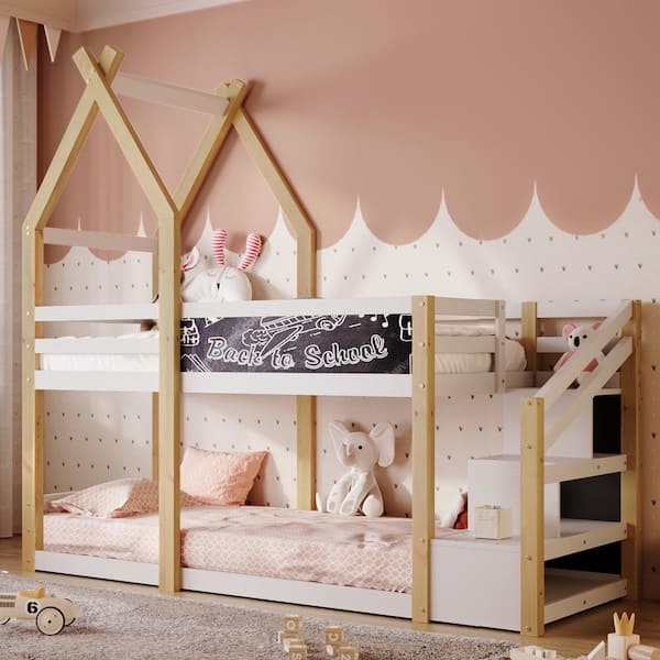 Polibi White Playhouse Style Twin Over Twin Bunk Bed, House Bed with White Storage Staircase and 1 Blackboards