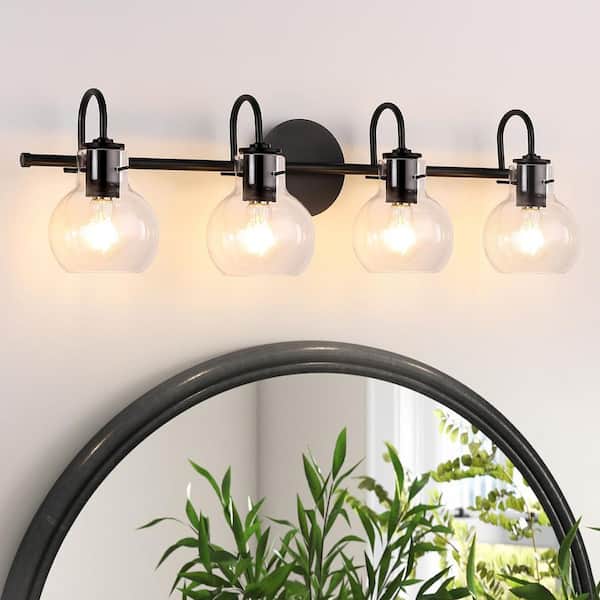 28.5 in. 4-Light Black Bathroom Vanity Light with Clear Glass Shade for Bathroom Modern Wall Sconce