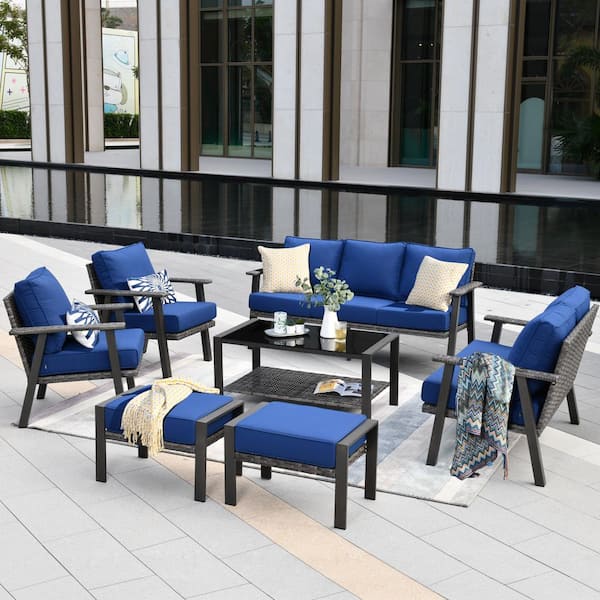 HOOOWOOO Walden Grey 7-Piece Wicker Metal Outdoor Patio Conversation Sofa Seating Set with Navy Blue Cushions