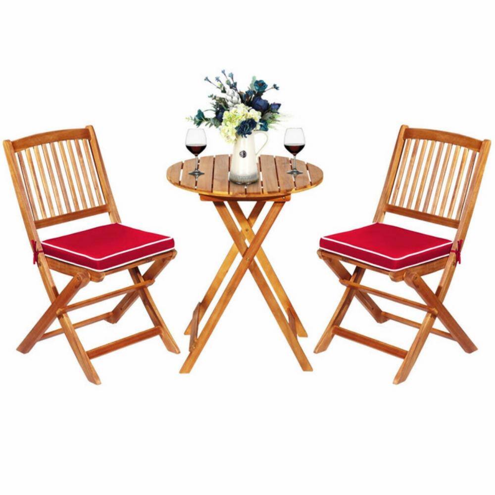 3-Piece Acacia Wood Patio Conversation Set Folding Bistro Set with Red Padded Cushion and Round Coffee Table price history on PriceWatchPro