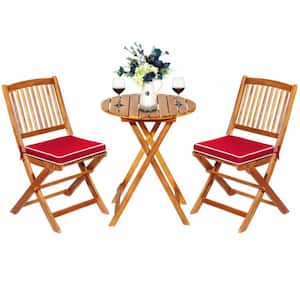 3-Piece Acacia Wood Patio Conversation Set Folding Bistro Set with Red Padded Cushion and Round Coffee Table