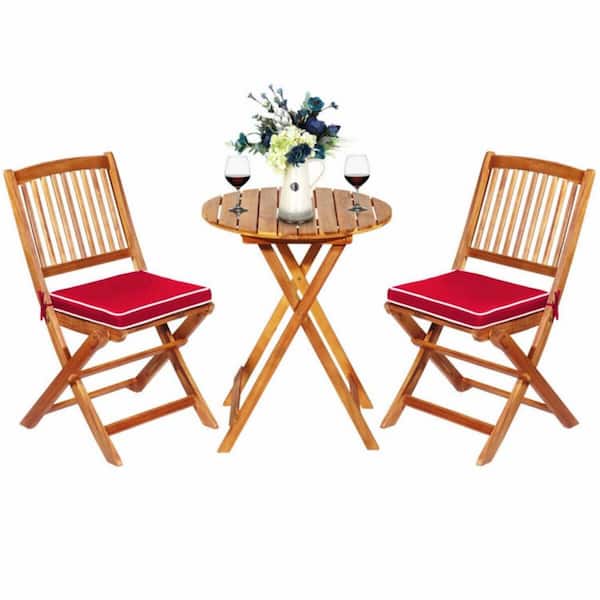Clihome 3-Piece Acacia Wood Patio Conversation Set Folding Bistro Set with Red Padded Cushion and Round Coffee Table