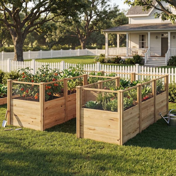 Garden 95.3 in. L x 95.3 in. W x 34.2 in. H L-Shaped Outdoor Cedar Wood Planter Box Set with Mesh Fencing, Mortise-Tenon