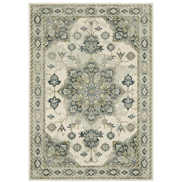 Brixworth Ivory/Blue 10 ft. x 13 ft. Oriental Medallion Polypropylene Indoor Area Rug