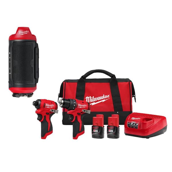 M12 12-Volt Lithium-Ion Cordless Bluetooth Jobsite Speaker with PACKOUT Compatibility, &Drill Impact Driver Kit