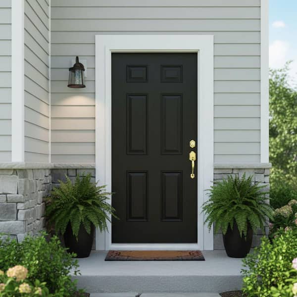 CALHOME 36 in. x 80 in. 6-Panel Left-Hand/Inswing Black Exterior