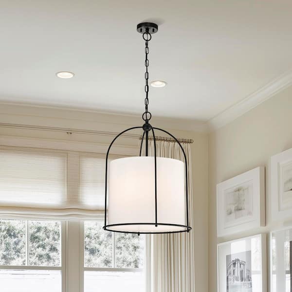 Edvivi Modern 18 in. 3-Light Drum Chandelier with Fabrics Shade, Matte Black Cage Shaded Pendant Light Hanging Lamp Fixture