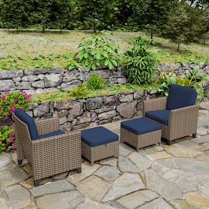 Outdoor Wicker Lounge Chair Set with Blue Cushions and Matching Ottomans for Relaxing Patio Seating