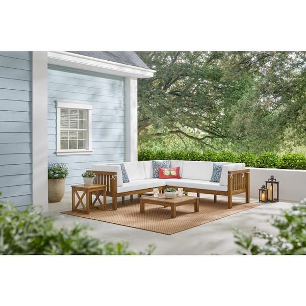 Hampton Bay Ayrshire Natural Brown Patio 4-Piece Wood Outdoor Sectional Set with CushionGuard White Cushions