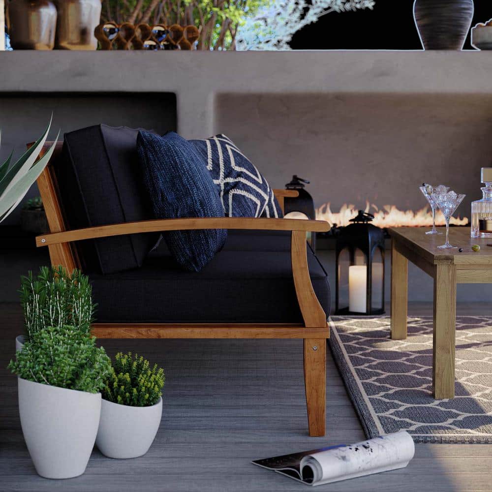 Marina Natural Teak Outdoor Sofa with Navy Cushions