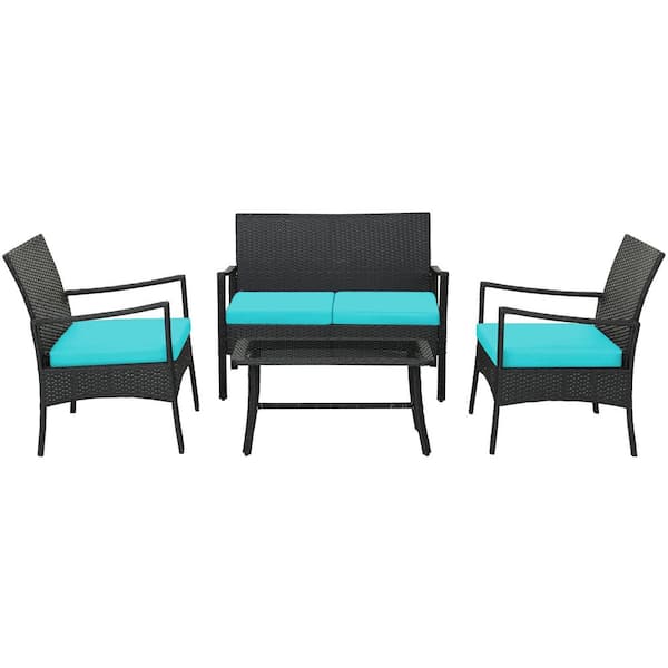 Gymax 4-Piece Patio Rattan PE Wicker Furniture Conversation Set with Sofa Chair and Table
