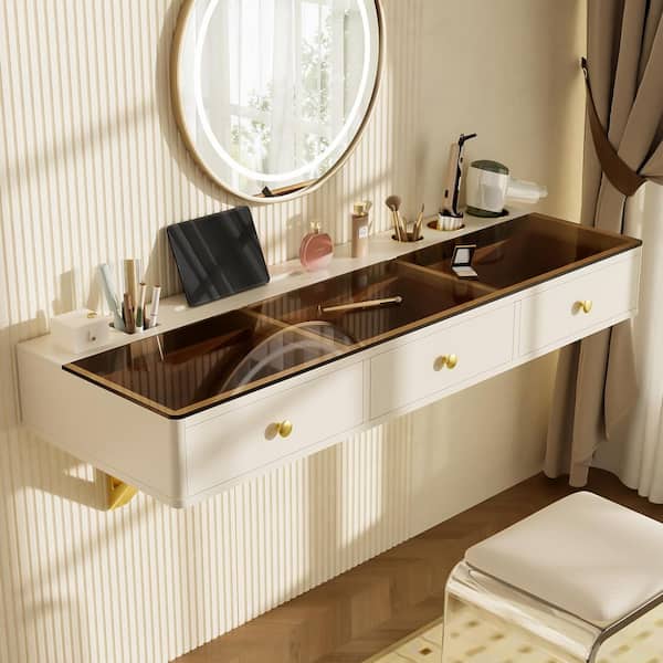 Beige and Golden Wall-Mounted Makeup Vanity Table with Glass Top, Tabletop Embedded Storage(Mirror, Stool Not Included)