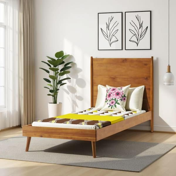 Ozzy Natural Brown Wood Frame Twin Size Panel Bed with Headboard