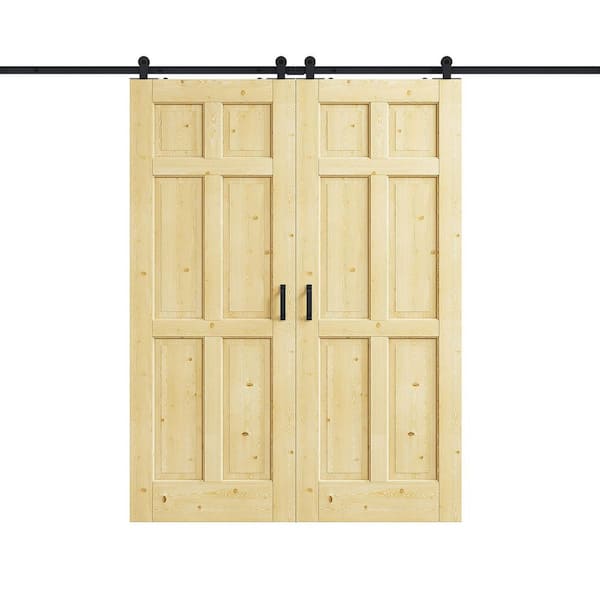 72 in. x 80 in. 6-Panel Unfinished Pine Wood Top Mount Sliding Barn Door with Hardware Kit, T Shape Hanger Set