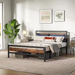 Rustic Brown Plus Black Industrial Metal Frame Queen Platform Bed Rustic Headboard Mattress Foundation