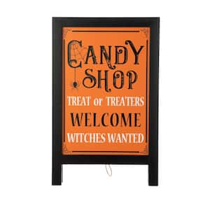 24 in. H Halloween Yard Standing Decor Wooden "Candy Shop" Standing Easel Sign or Hanging Decor (2-Function)