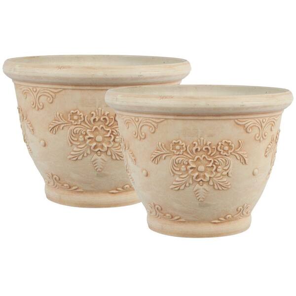 Pride Garden Products 12 in. Round Ivory Floral Plastic Planter (2-Pack)