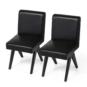 Mid-Century Modern Black Leatherette Solid Back Dining Chair with V-Shaped Solidwood Legs (Set of 2)