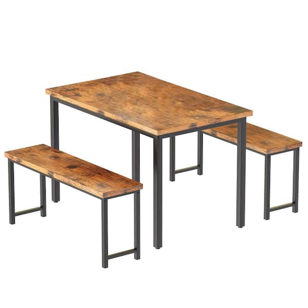 mieres Eureka Industrial 3-Piece Rustic Brown Wood Rectangular Kitchen Dining Set with Two Benches