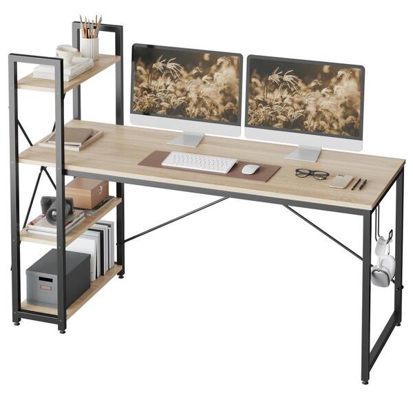 Bestier Computer Office Desk with Steel Frame, Reversible Book Shelves,  Headphone Hook, Adjustable Feet, & Under Desk Storage, Oak