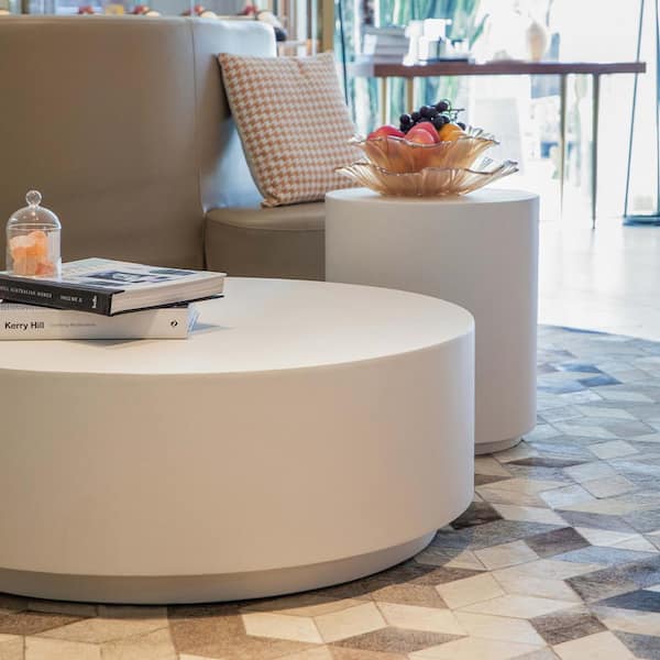 Sol Living Elementi Rome Cream White Round Concrete 14.2 in. Outdoor Coffee Table FCG07 CW 1