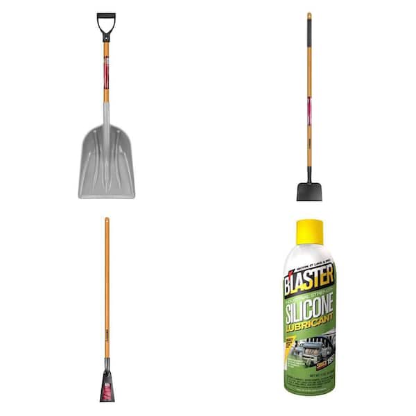 31 in. Wood Handle Scoop Shovel, 47 in. and 51 in. Steel Ice Scrapers with 11 oz. Silicone Lubricant Spray Combo