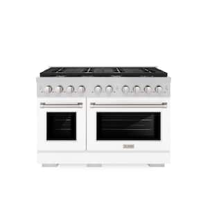 48 in. 8 Burner Freestanding Gas Range & Double Convection Gas Oven with White Matte Door in Stainless Steel