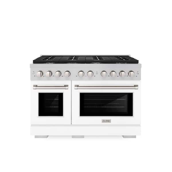 ZLINE Kitchen and Bath 48 in. 8 Burner Freestanding Gas Range & Double Convection Gas Oven with White Matte Door in Stainless Steel